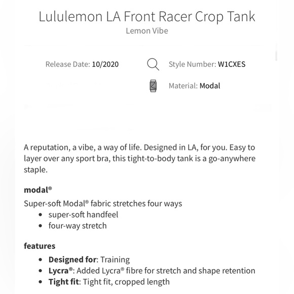 NWT Lululemon LA Front Racer Crop Tank
Lemon Vibe - Picture 7 of 7